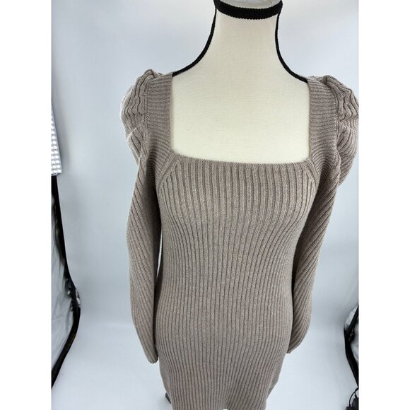 Promesa Sweater Dress Womens Size M Taupe Long Sleeve Square Neck Puff Shoulder - Picture 2 of 7